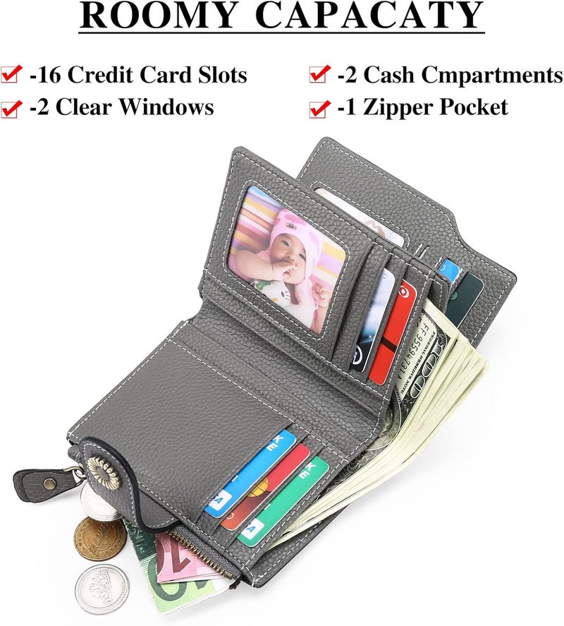 FALAN MULE Women's Compact Leather Wallet, Dark Grey, Includes RFID Blocking, Coin Pouch, Card Holders - Image 2